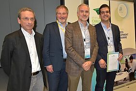 Privacy, Security & Trust EIT Digital Idea Challenge 2014 finale in Trento, Italy. From left to right: Fabio Pianesi and Dennis Moynihan (EIT Digital), Thierry Rouquet and Laurent Hausermann (Sentryo).