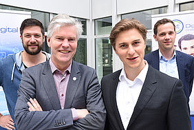 Willem Jonker (EIT Digital, second from right) and the former winners Stephan Kühr (3Yourmind), Andreas Kunze (Konux) and Jörg Land (Tinnitracks) launch the EIT Digital Challenge 2016